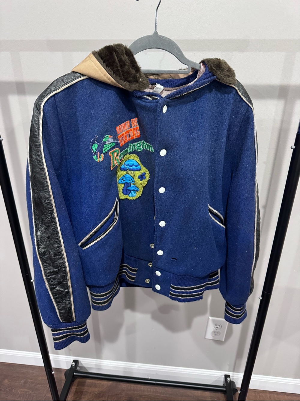 Vintage Navy Blue Wool Letterman Jacket with Patchwork